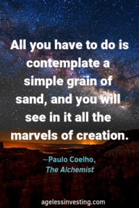 A starry evening over the desert. Headline quote, "All you have to do is contemplate a simple grain of sand, and you will see in it all the marvels of creation " -Paulo Coelho, The Alchemist 