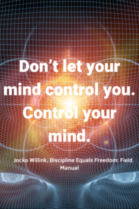 An image of the Frame of Mind series. Arrangement of human face wire-frame and fractal elements on the subject of brain, mind, reason, intuition, inner energy and mystic consciousness, with the text overlay: "“Don’t let your mind control you. Control your mind.” ∼ Jocko Willink, Discipline Equals Freedom: Field Manual"