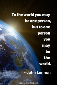 A photo of the sun rising over the Earth from space, headline quote, "To the world you may be one person, but to one person you may be the world."