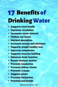 Light blue water, headline "Benefits of Drinking Water" agelessinvesting.com