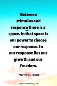 A bird flying in a blue, pink, and white sky, quote, "Between stimulus and response there is a space. In that space is our power to choose our response. In our response lies our growth and our freedom." -Viktor Frankl