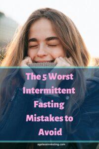 A picture of an embarrassed woman pulling her seater over her mouth with her eyes closed, Headline "5 Worst Intermittent Fasting Mistakes To Avoid"