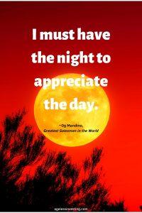 A picture of a full moon in an orange sky, quote "I must have the night to appreciate the day"