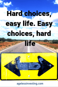 A picture of a road sign pointing left and right, "Hard Choices, Easy Life. Easy Choices, Hard Life." ~Jerzy Gregorek