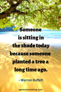 A tree shading a beach from the sun, headline quote "Someone is sitting in the shade today because someone planted a tree a long time ago."-Warren Buffett