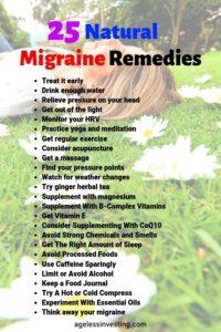 A woman relaxing on the grass, headline "25 Natural Migraine Remedies" 