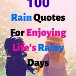 A picture of two Lego characters holding hands and watching the rain through a window, headline "100 Rain Quotes For Enjoying Life's Rainy Days"