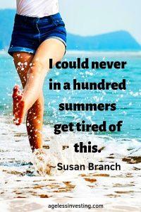 A woman kicking water on the beach, "I could never in a hundred summers get tired of this." ∼Susan Branch