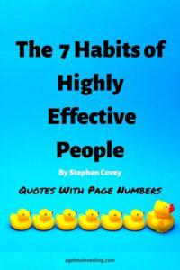 A picture of 7 yellow rubber ducks in a row facing right, the first duck is twice as big as the rest against a blue background, headline "The 7 Habits of Highly Effective People" quotes with Page Numbers"