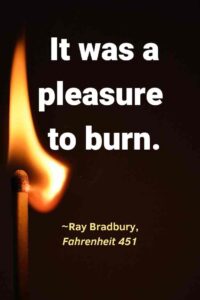 An image of a lit match, with the text overlay:"It was a pleasure to burn" ~Ray Bradbury, Fahrenheit 451