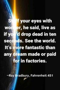 An image of the Earth from space with the sun rising over the horizon, with the text overlay: “Stuff your eyes with wonder, he said, live as if you'd drop dead in ten seconds. See the world. It's more fantastic than any dream made or paid for in factories.” ~Ray Bradbury, Fahrenheit 451"