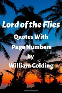 Palm trees against a sunset with text overlay 'Lord of the Flies Quotes with page numbers by William Golding'