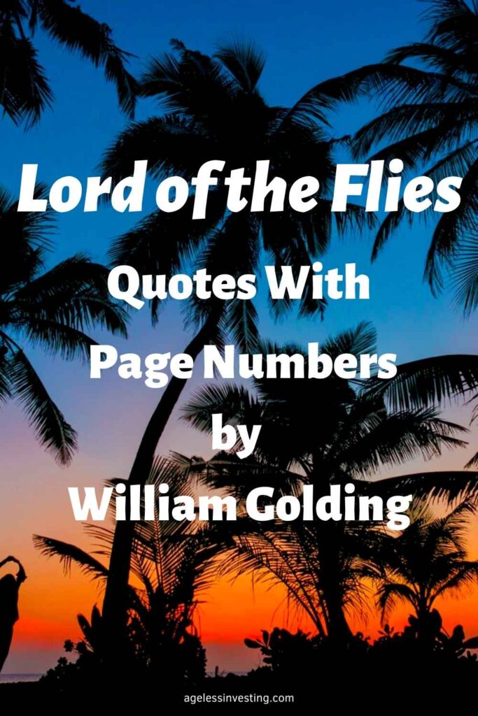 Palm trees against a sunset with text overlay 'Lord of the Flies Quotes with page numbers by William Golding'