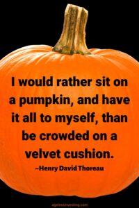 A picture of an orange pumpkin against a black background, with the quote “I would rather sit on a pumpkin, and have it all to myself, than be crowded on a velvet cushion.” ― Henry David Thoreau