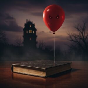 Image for Stephen King's It quotes post: An open, antique-style book on a dark table, with a single red balloon ominously emerging from its pages, set against a stormy Derry sky silhouette featuring the Standpipe, symbolizing the novel's pervasive horror and literary depth.