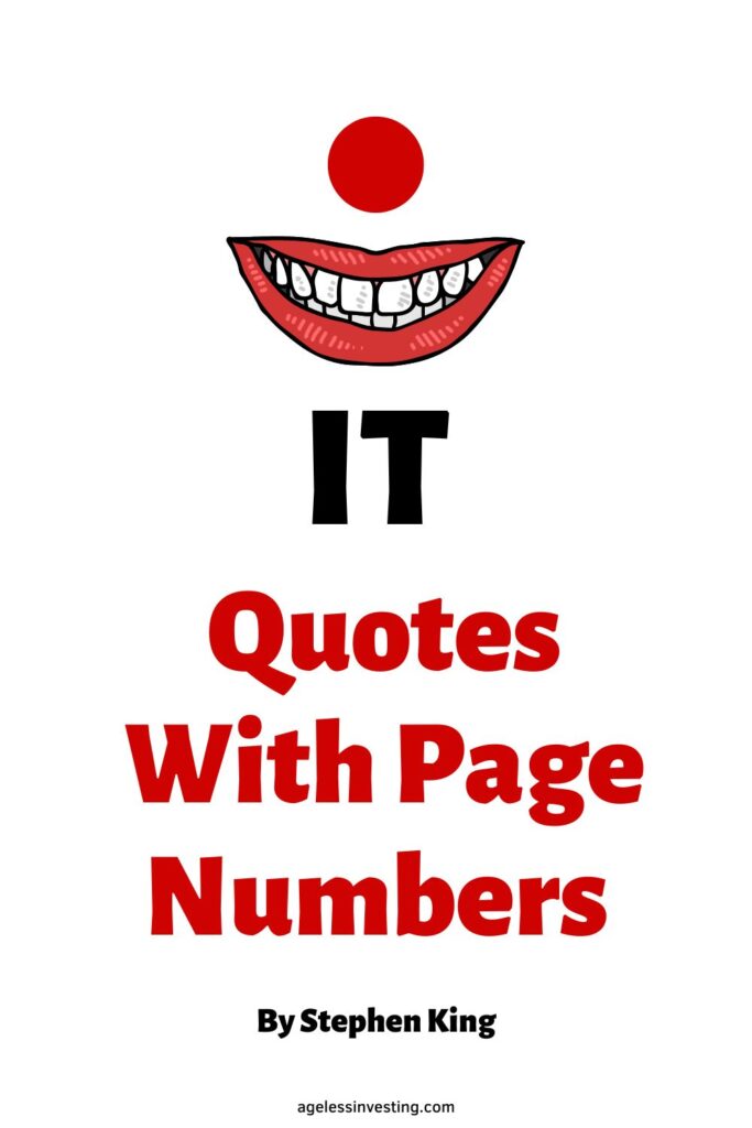 An image of a red mouth with white teeth below a red clown's nore, with the headline "It quotes with page numbers by Stephen King"