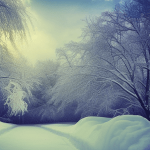 An animated winter scene of a hazy winter day