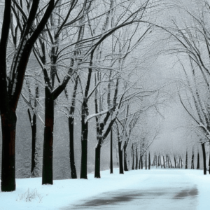 An animated winter scene of a snow covered road 