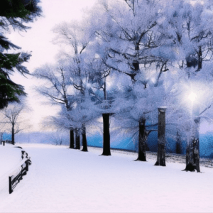 An animated winter scene with snow covered trees