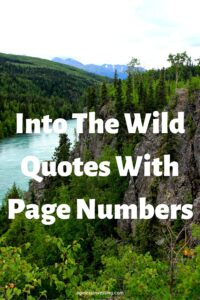 A picture of evergreen trees and a lake under a white sky, with the headline" Into the Wild Quotes With Page Numbers"