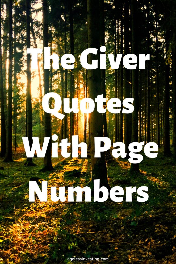 A picture of sunlight shining through trees low on the horizon, with the headline: "The Giver Quotes With Page Numbers"