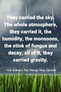 An image of a gray rainy sky over grass, with the text overlay: “They carried the sky. The whole atmosphere, they carried it, the humidity, the monsoons, the stink of fungus and decay, all of it, they carried gravity.” ~Tim O'Brien, The Things They Carried"