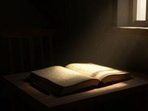 Symbolic image for The Diary of a Young Girl: Anne Frank's checkered diary, 'Kitty,' lies open and illuminated by a soft beam of light on a wooden table in a dim, confined room, representing hope and the power of writing amidst the darkness of the Secret Annex.