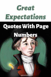 Pip from Great Expectations as a cartoon, with the words, "Great Expectations Quotes With Page Numbers, agelessinvesting.com"