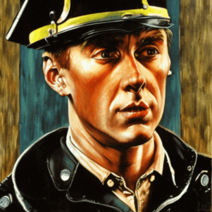 A painting of the character Guy Montag from Fahrenheit 451