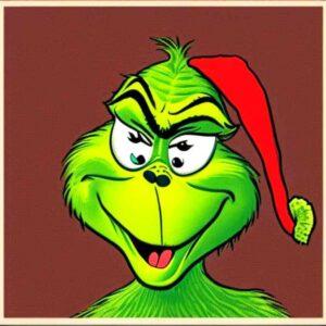 An image of the Grinch with a goofy smile wearing a red santa's hat, from how the Grinch stole Chrastmas