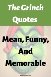 An image of the Grinch with an evil smile, with the text overlay "The Grinch Quotes, Mean, Funny, and Memorable"