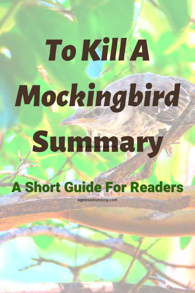 An image of a gray and white mockingbird sitting on a branch against a green background; with the text overlay "To Kill a Mockingbird Summary: A Short Guide For Readers, agelessinvesting.com"