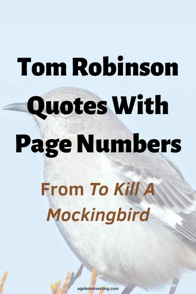 An image of a gray and white mockingbird sitting on a branch against a blue sky, with the text overlay:"Tom Robinson Quotes With Page Numbers, From To Kill A Mockingbird"