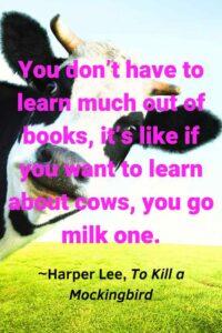 An image of a black and white cow, with the text overlay: “You don’t have to learn much out of books, it’s like if you want to learn about cows, you go milk one.” ~Harper Lee, To Kill a Mockingbird