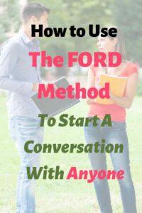 A young man holding a black notebook talking to a young woman holding a yellow notebook outside: With the text overlay:"How to Use the FORD Method To Start A Conversation With Anyone"