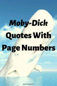 A picture of a white sperm whale breaching, with the text overlay: "Moby-Dick Quotes With Page Numbers"