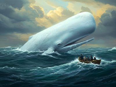 Image for Moby Dick Quotes post: A dramatic painting of the colossal White Whale, Moby Dick, in a stormy sea, with a tiny whaleboat and a defiant Ahab silhouette in the foreground, symbolizing the epic and tragic conflict.