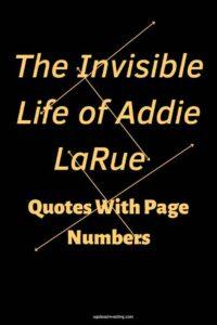 A black background with the text overlay in gold letters: "The Invisible Life of Addie LaRue Quotes With Page Numbers"