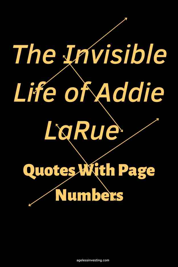 A black background with the text overlay in gold letters: "The Invisible Life of Addie LaRue Quotes With Page Numbers"