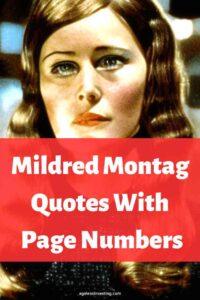 An image of Mildred Montag from Fahrenheit 451, with the text overlay against a red background: "Mildred Montag Quotes With Page Numbers"