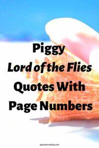 A picture of a pink and orange conch shell on a white beach, with the text overlay: "Piggy Lord of the Flies Quotes With Page Numbers"