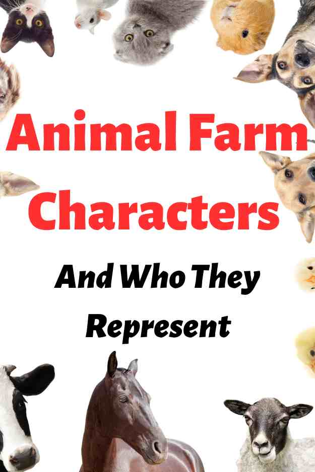 An image of farm animals in a circle, with the text overlay: "Animal Farm Characters And Who They Represent"