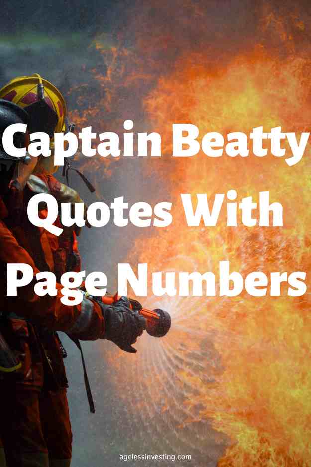 A picture of two firefighters using a fire hose on a fire, with the text overlay: "Captain Beatty Quotes With Page Numbers"