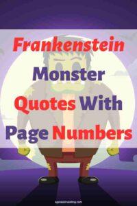 A graphic of a cartoon Frankenstein's monster, with the text overlay:"Frankenstein Monster Quotes With Page Numbers"