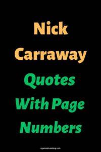 A black background, with the text overlay in gold and green letters:"Nick Carraway Quotes With Page Numbers"