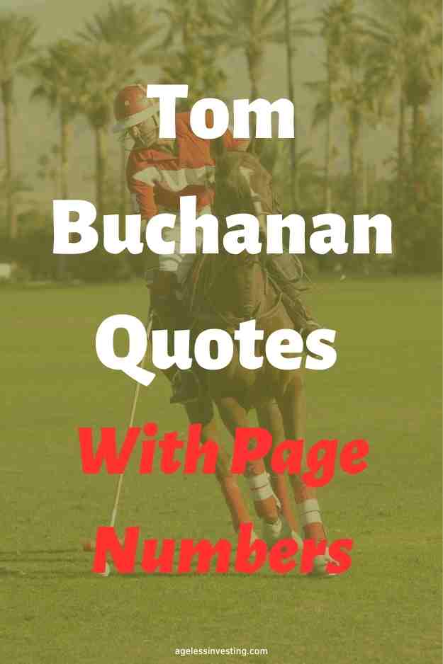 A man on a horse wearing red playing polo, with the text overlay: "Tom Buchanan Quotes With Page Numbers"