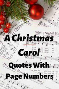 A picture of music sheets with a wreath and red Christmas bulbs, with the text overlay:" A Christmas Carol Quotes With Page Numbers"