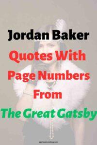 A picture of a woman dressed like Jordan Baker in the Great Gatsby, with the text overlay: "Jordan Baker Quotes With Page Numbers From The Great Gatsby"