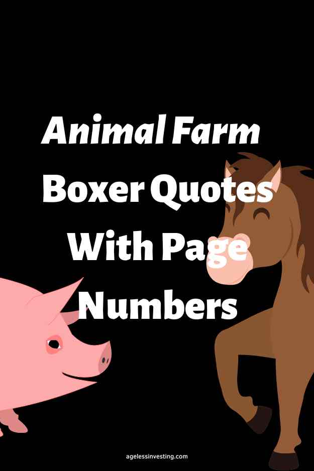 A graphic of a pink pig and a brown horse against a black background, with the text overlay: "Animal Farm Boxer Quotes With Page Numbers"