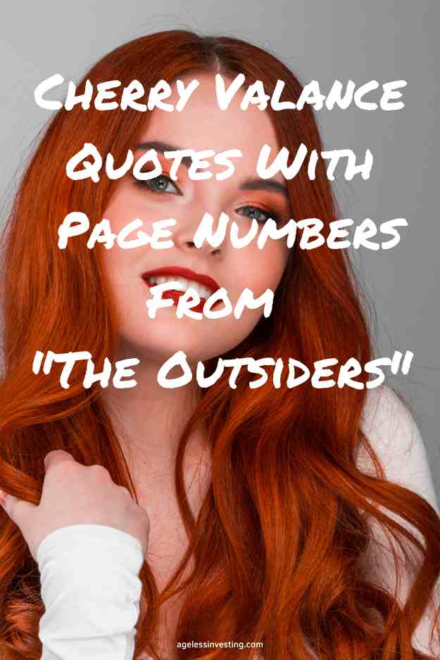 A picture of a smiling beautiful young woman with red hair, with the text overlay:"Cherry Valance Quotes With Page Numbers From The Outsiders"